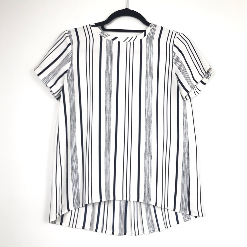 ANN TAYLOR LOFT Navy Vertical Stripe Swing Top